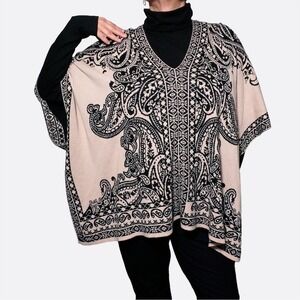 Flying Tomato Almond Beige Boho Paisley Knit Poncho Sweater Plus Size 1X 2X